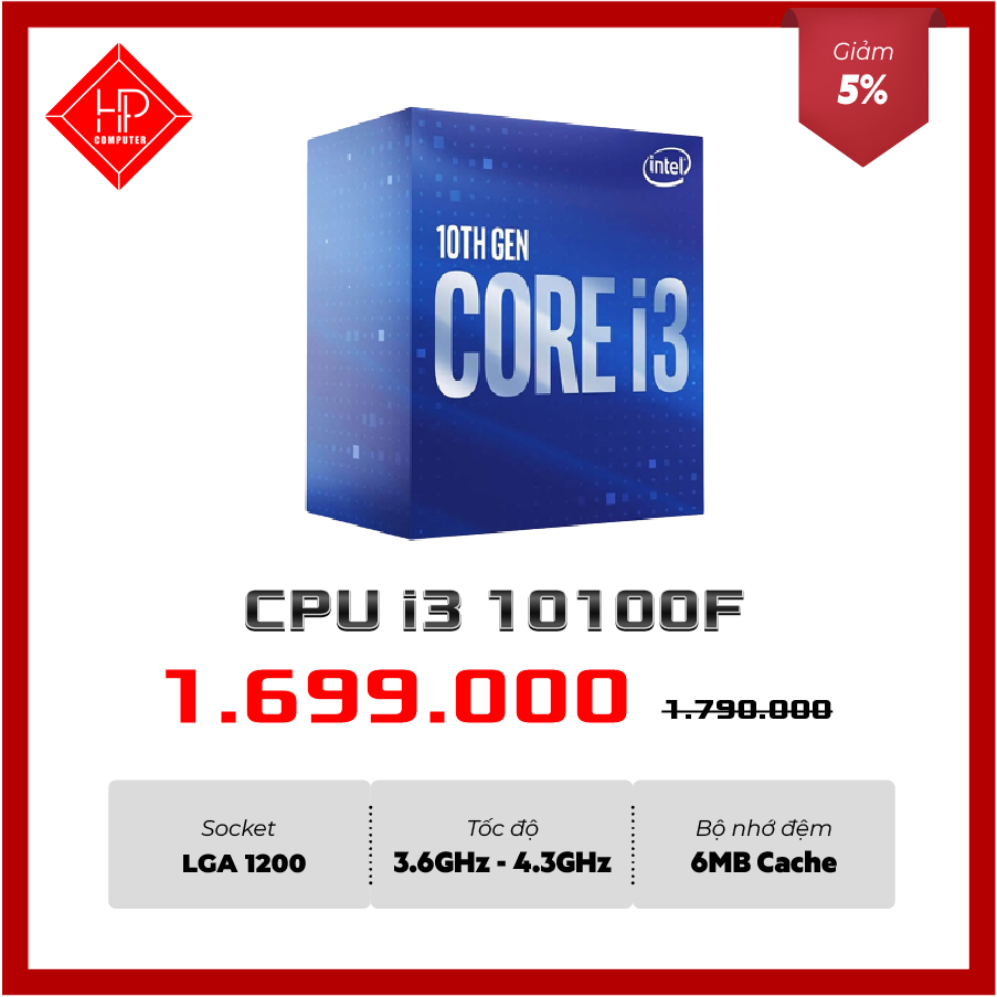 CPU INTEL CORE I3-10100F (LGA 1200/4 nhân 8 luồng, 6MB Cache, 65W)