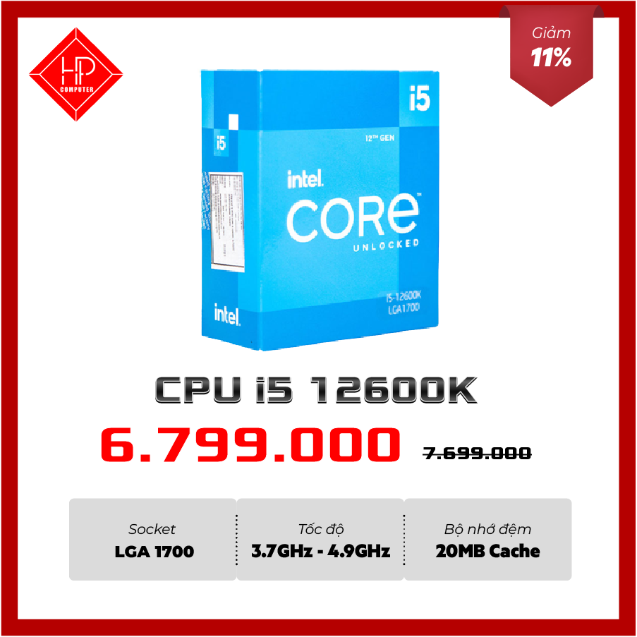 CPU INTEL CORE I5 12600K (3.7GHz turbo up to 4.9Ghz, 10 nhân 16 luồng,Socket Intel LGA 1700)